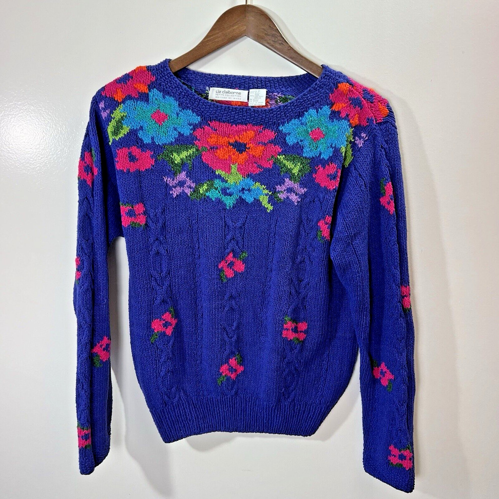 Women's Hand Knit Silk Blend Sweater Sz S P Purple Floral Cottagecore Grannycore